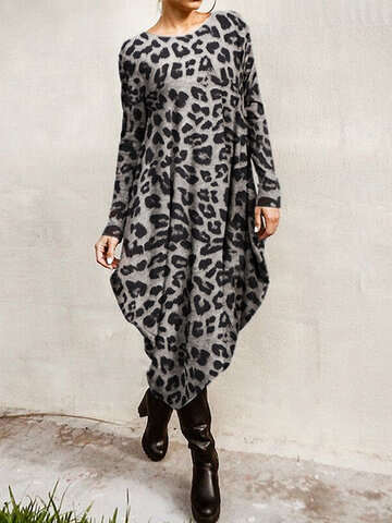 Women Casual Dresses | Leopard Print Long Sleeves O-neck Casual Dress - WQ71492