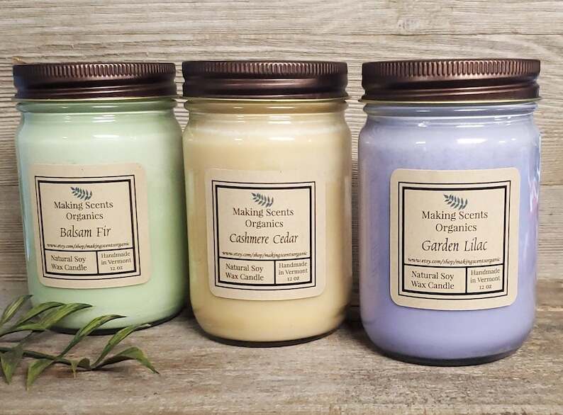 Pure Soy Wax Candles / Candles / Soy Candles /  Balsam Fir & 60+ Scents  / 12 oz  Mason Jar Candle /  Made in VT / Making Scents Organics