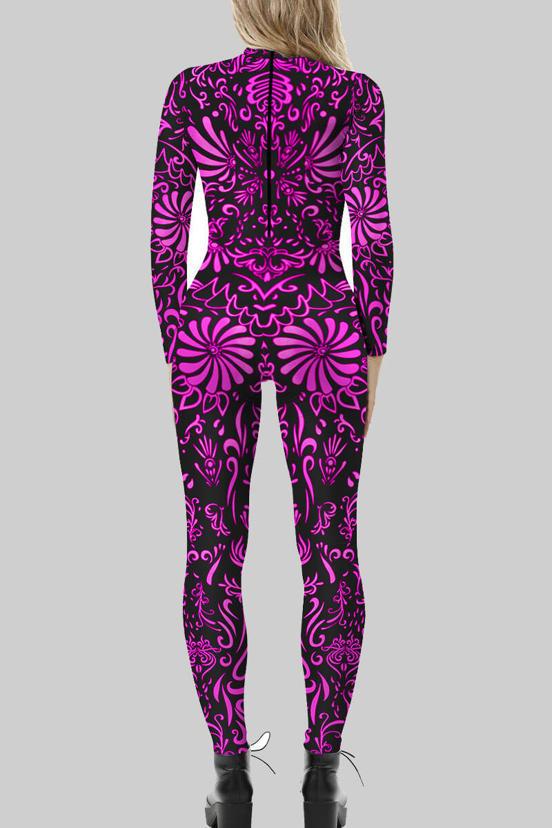 Purple Sexy Print Patchwork Zipper O Neck Skinny Jumpsuits