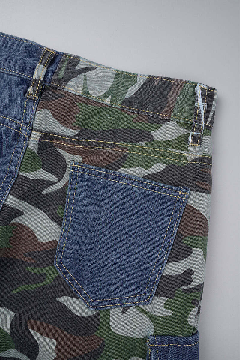 Blue Street Camouflage Print Patchwork Pocket Buttons Zipper Mid Waist Straight Denim Jeans