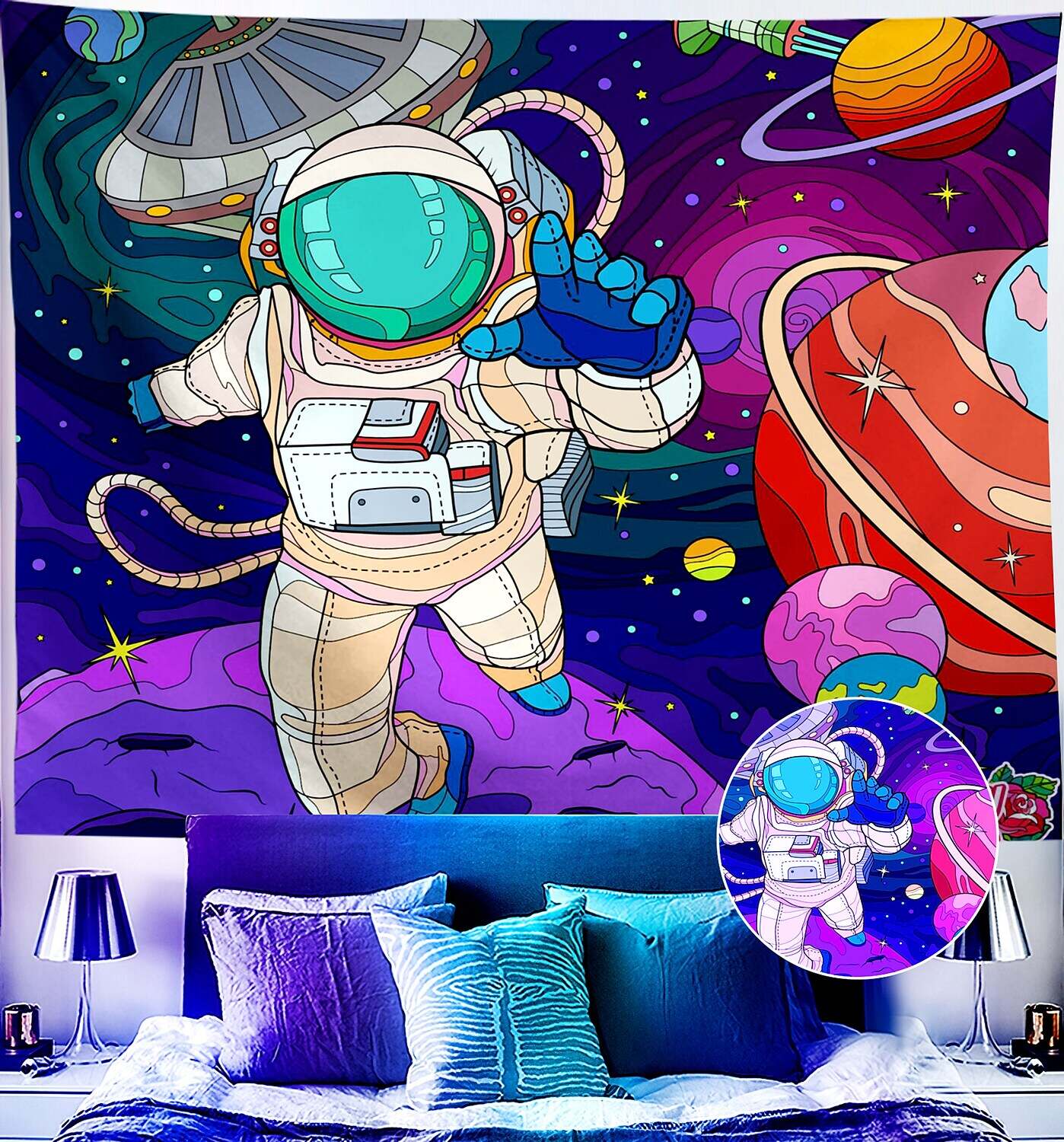 Astronaut Blacklight UV Reactive Wall Tapestry Universe