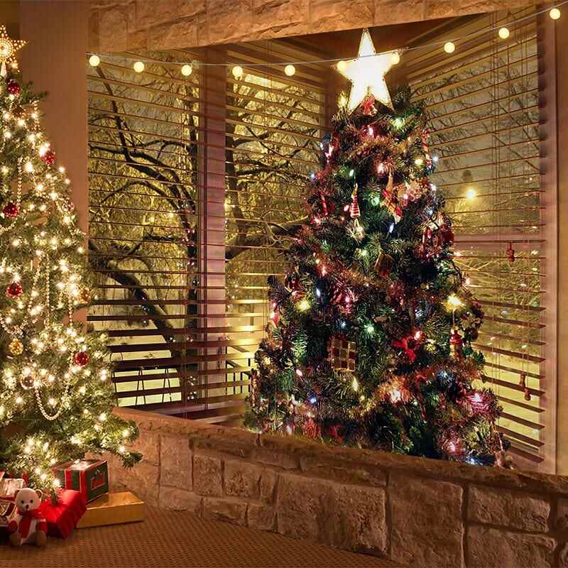Christmas Decor LED Lights Wall Tapestry Santa Claus Christmas Tree Print