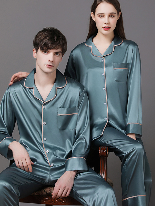 Ice Silk Plain Shawl Collar Casual Long Sleeve Couple Pajama Set