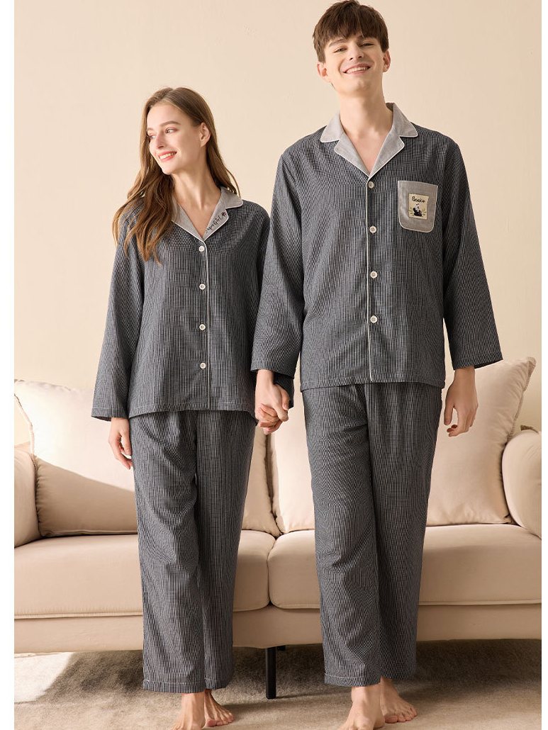 Cotton Houndstooth Simple V Neck Long Sleeve Couple Pajama Set