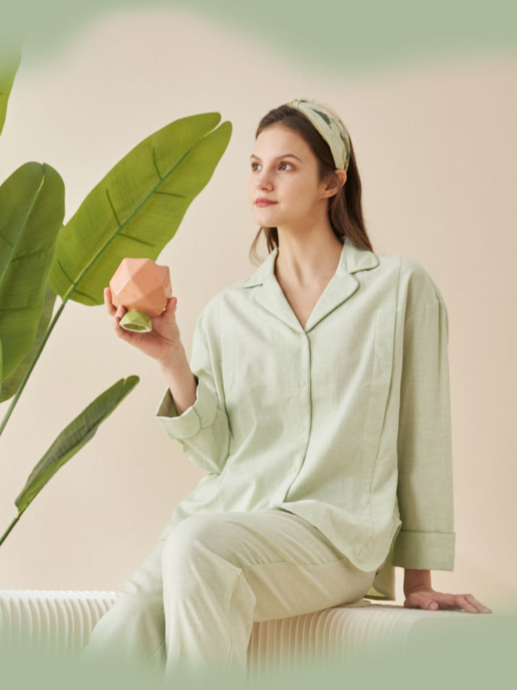 Casual Plain Regular Sleeve Shawl Collar Cotton Long Sleeve Pajama Set