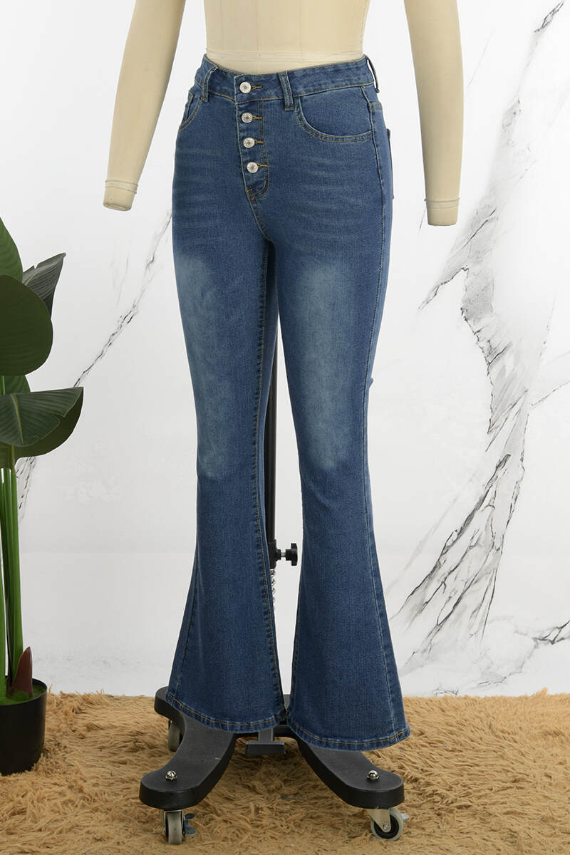 Deep Blue Casual Solid Buttons High Waist Skinny Denim Jeans