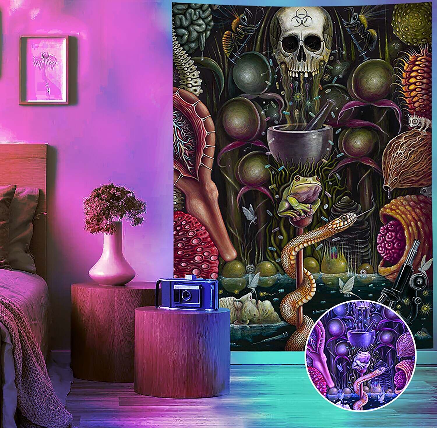 Trippy Blacklight UV Reactive Wall Tapestry Galaxy Alien Psychedelic Monster