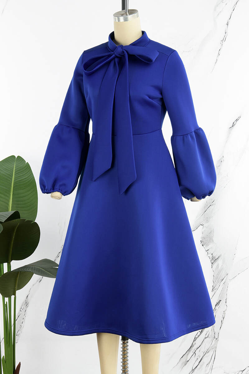 Blue Casual Solid With Bow Half A Turtleneck Long Sleeve Dresses