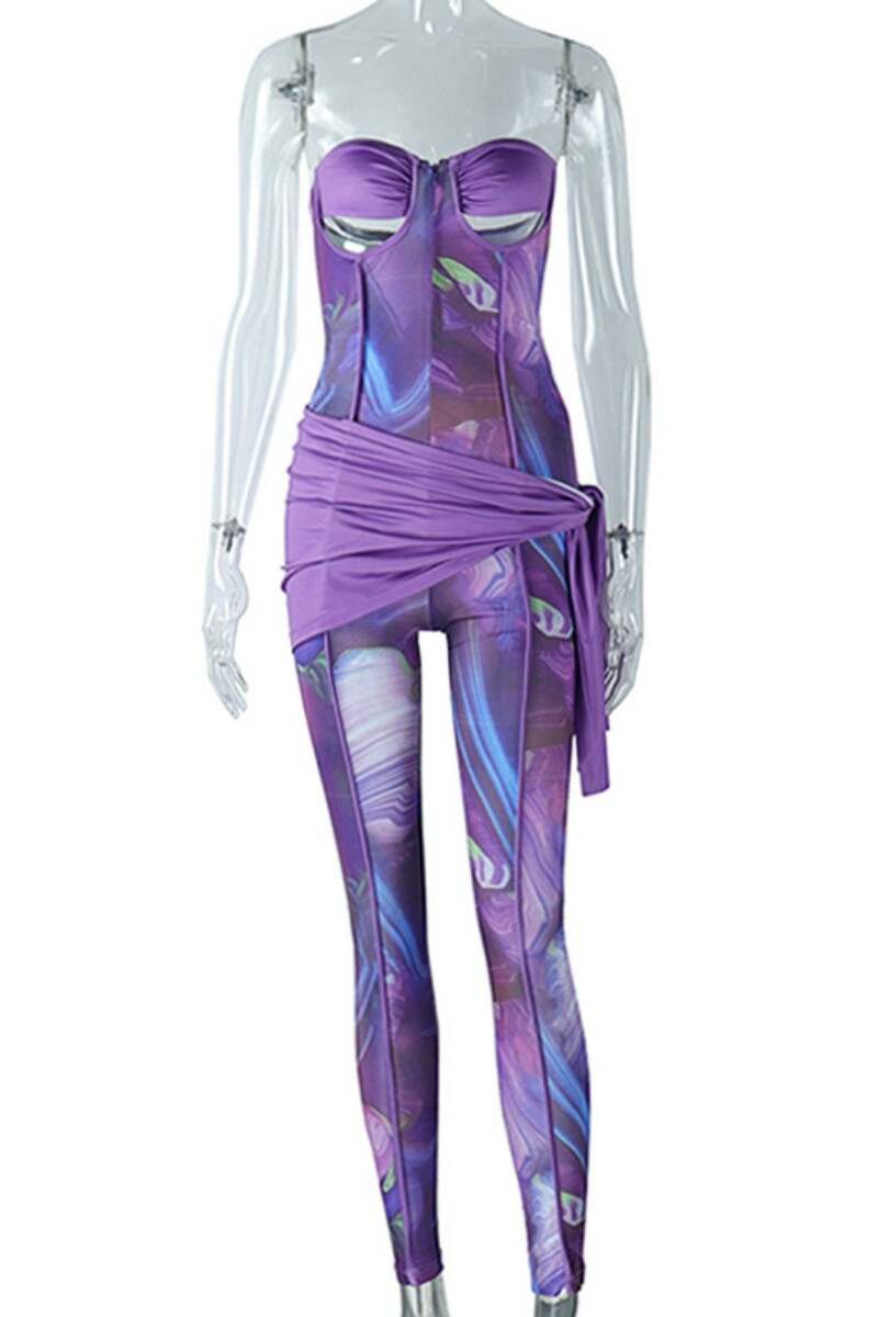 Purple Sexy Print Hollowed Out Patchwork Backless Strapless Skinny Jumpsuits