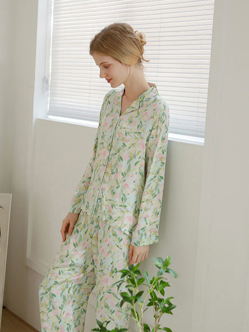 Floral Casual V Neck Regular Fit Long Sleeve Pajama Set