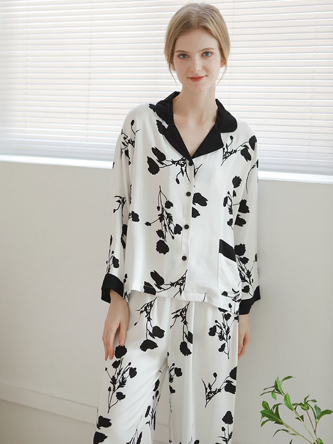 Loose Casual Floral Pattern V Neck Long Sleeve Pajama Set