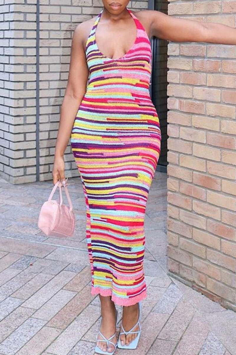 Colour Sexy Print Bandage Backless Halter Long Dress Dresses