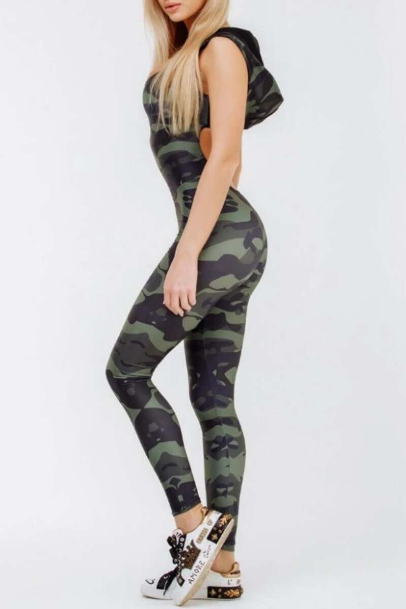 Camouflage Sexy Sportswear Camouflage Print Backless Hooded Collar Skinny Jumpsuits