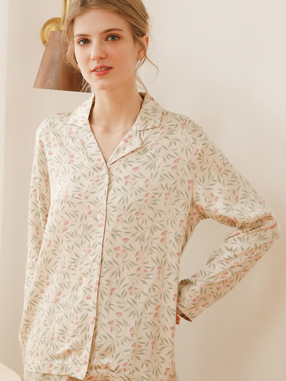 Loose V Neck Casual Floral Long Sleeve Pajama Set