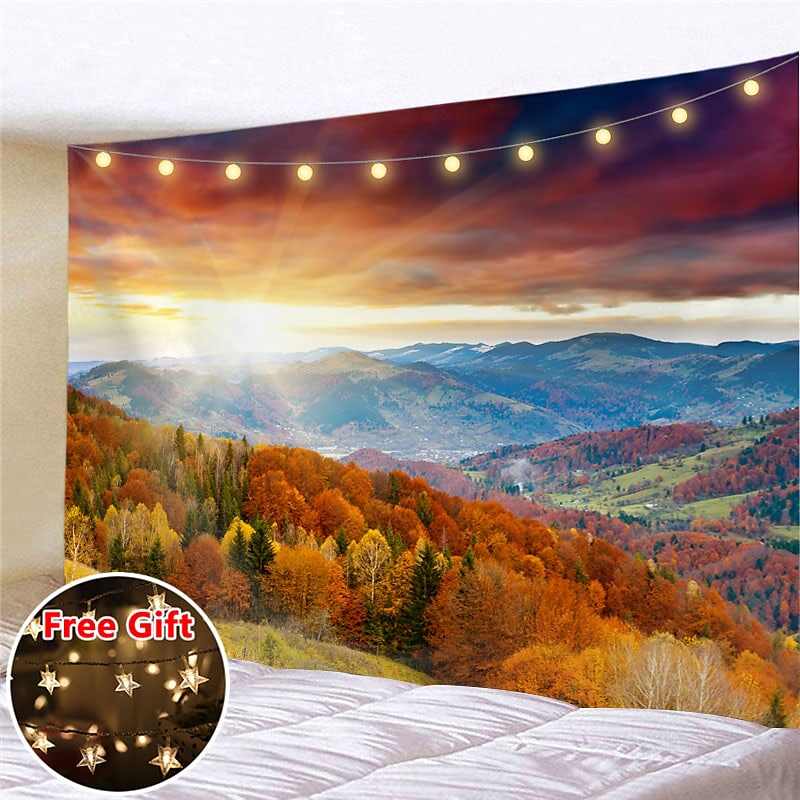 Landscape LED Lights Wall Tapestry Art Decor Forest River Waterfall Print