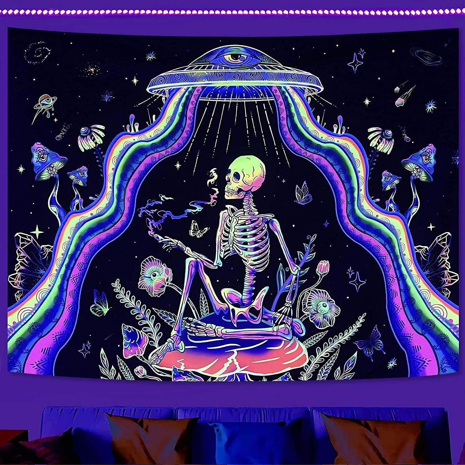 Blacklight Tapestry UV Reactive UFO Trippy Skull Misty Mushroom