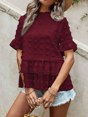 Women Blouses & Shirts | Swiss Dot Solid Ruffle Tiered Chiffon Bell Sleeve Romantic Blouse - KN24584