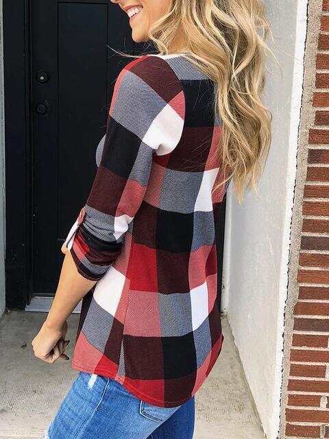 Long Sleeve Plaid Print V-neck Tops