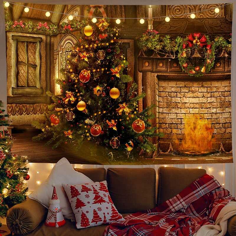 Christmas Decor LED Lights Wall Tapestry Fireplace Christmas Tree Print