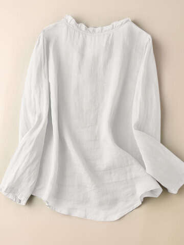Women Blouses & Shirts | Solid Ruffle Trim V-neck Button Front Long Sleeve Blouse - KK60369