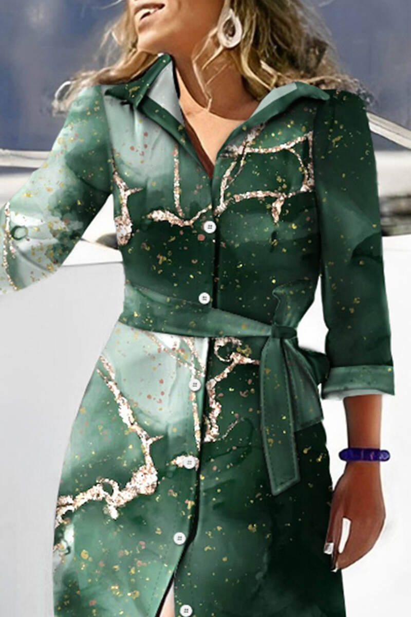 Green Elegant Plaid Geometric Striped Bandage Patchwork Buckle Printing Shirt Collar Printed Dress Dresses