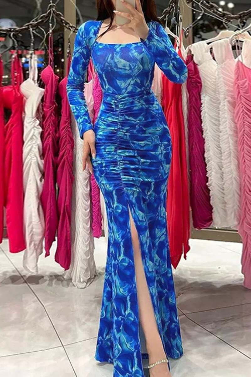 Blue Casual Print Backless Slit Square Collar Long Sleeve Dresses