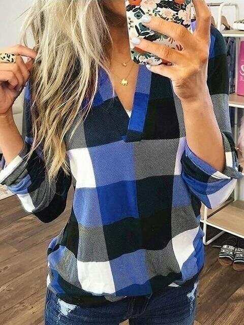 Long Sleeve Plaid Print V-neck Tops