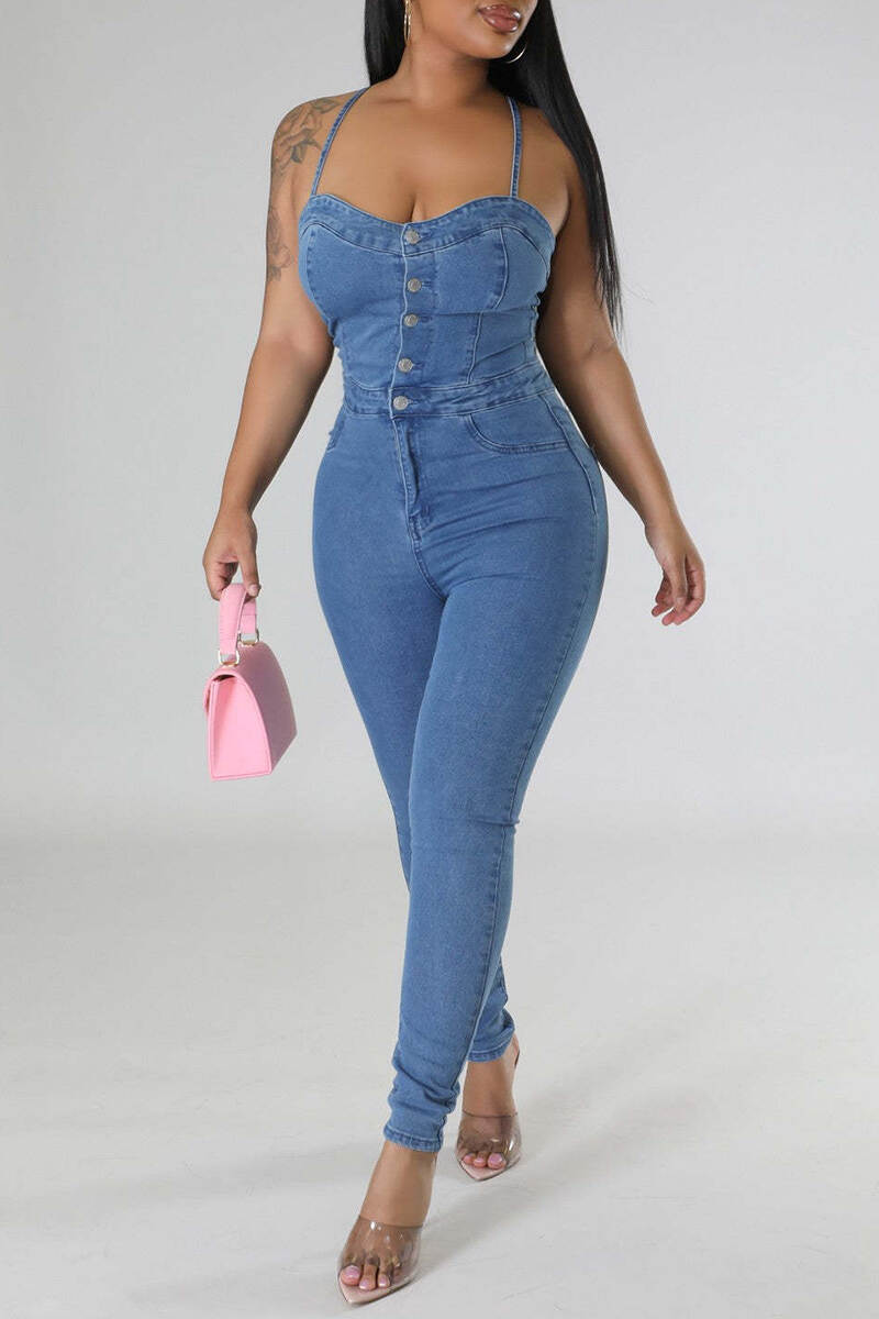 Sky Blue Sexy Casual Solid Backless Spaghetti Strap Sleeveless Skinny Denim Jumpsuits