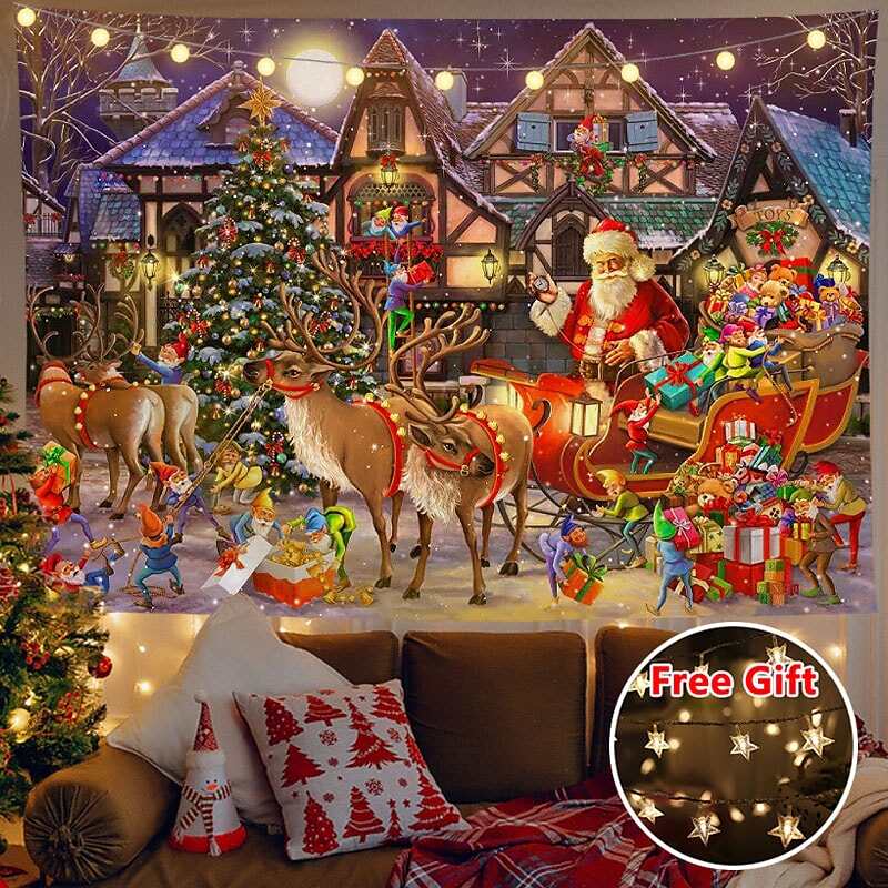 Christmas Decor LED Lights Wall Tapestry Santa Claus Print