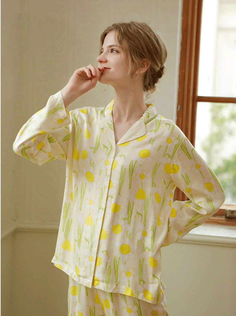 Vacation Loose Shawl Collar Long Sleeve Pajama Set