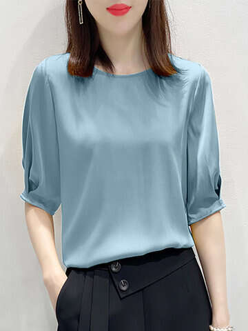 Women Blouses & Shirts | Satin Solid Half Sleeve Crew Neck Women Blouse - XQ99822