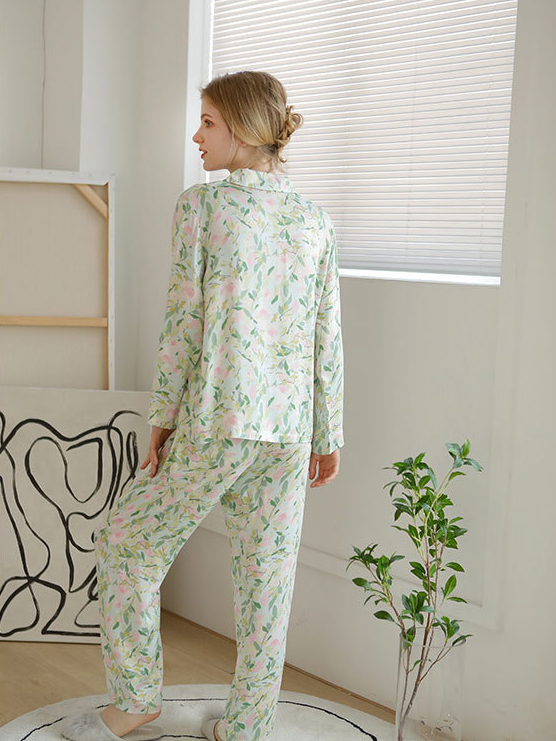 Floral Casual V Neck Regular Fit Long Sleeve Pajama Set