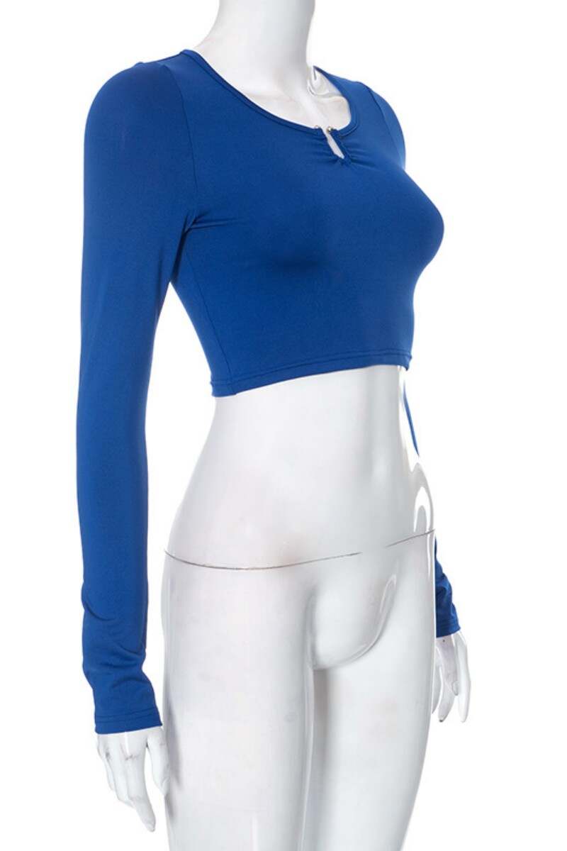 Blue Casual Solid Basic O Neck Tops