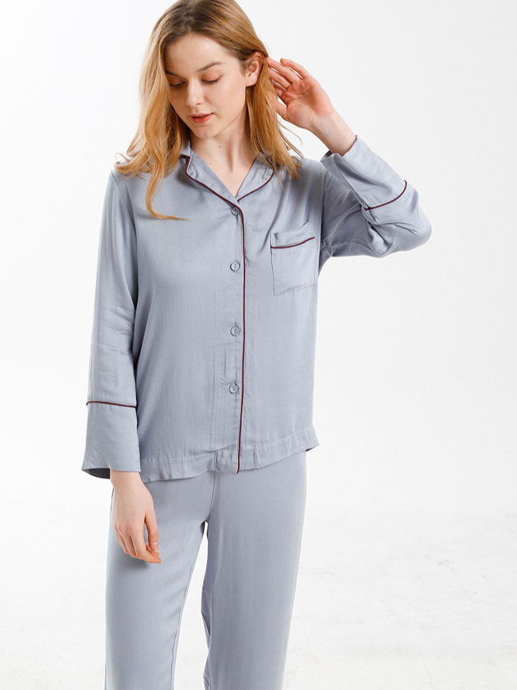 V Neck Simple Regular Fit Plain Long Sleeve Pajama Set