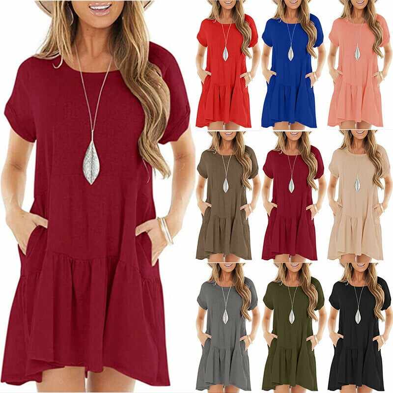 Round neck short sleeve large hem mid-length dress