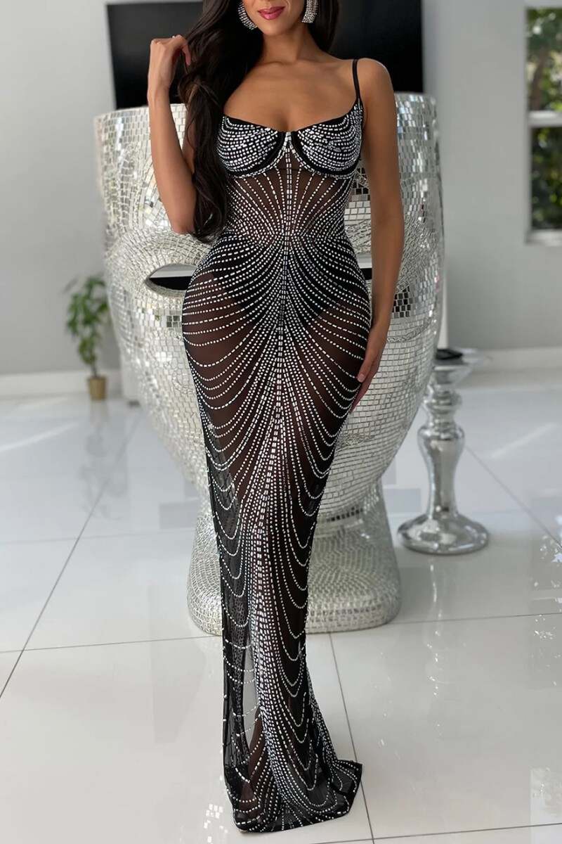 Black Sexy Patchwork Hot Drilling See-through Backless Spaghetti Strap Long Dress Dresses