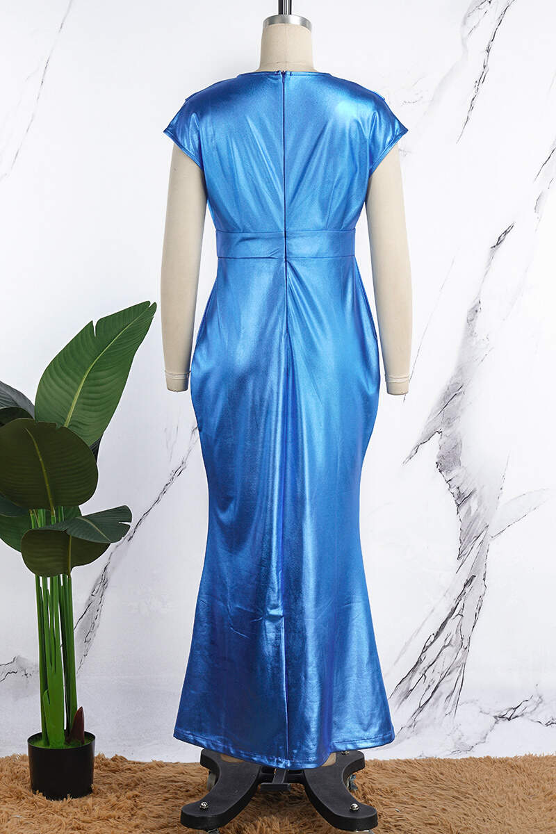 Blue Elegant Solid Patchwork V Neck Sleeveless Dress Dresses