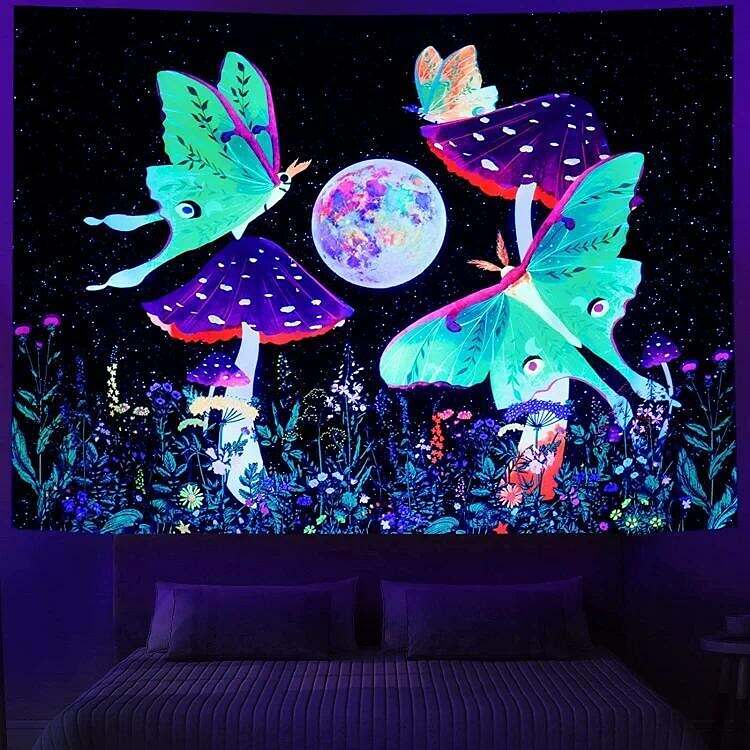 Trippy Butterfly Black Light Tapestry UV Reactive Psychedelic Mushroom Moon