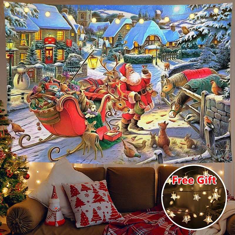 Christmas Decor LED Lights Wall Tapestry Santa Claus Print