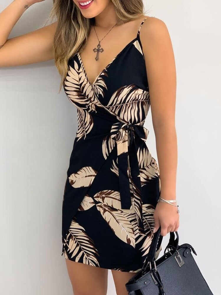 Tropical Print V-Neck Wrap