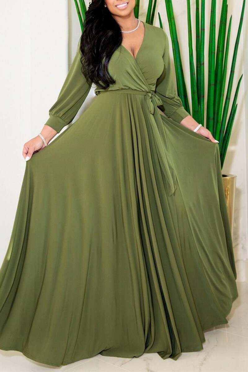 Army Green Fashion Casual Solid Bandage V Neck Long Sleeve Dresses