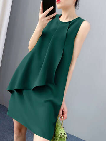 Women Casual Dresses | Solid Ruffle Front Crew Neck Sleeveless Casual A-line Dress - WP59890