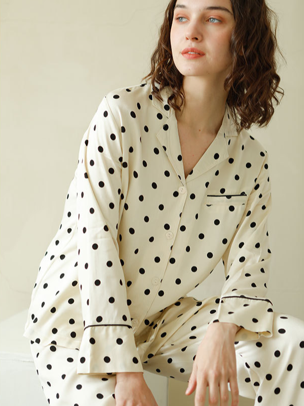 Regular Fit V Neck Polka Dots Elegant Long Sleeve Pajama Set