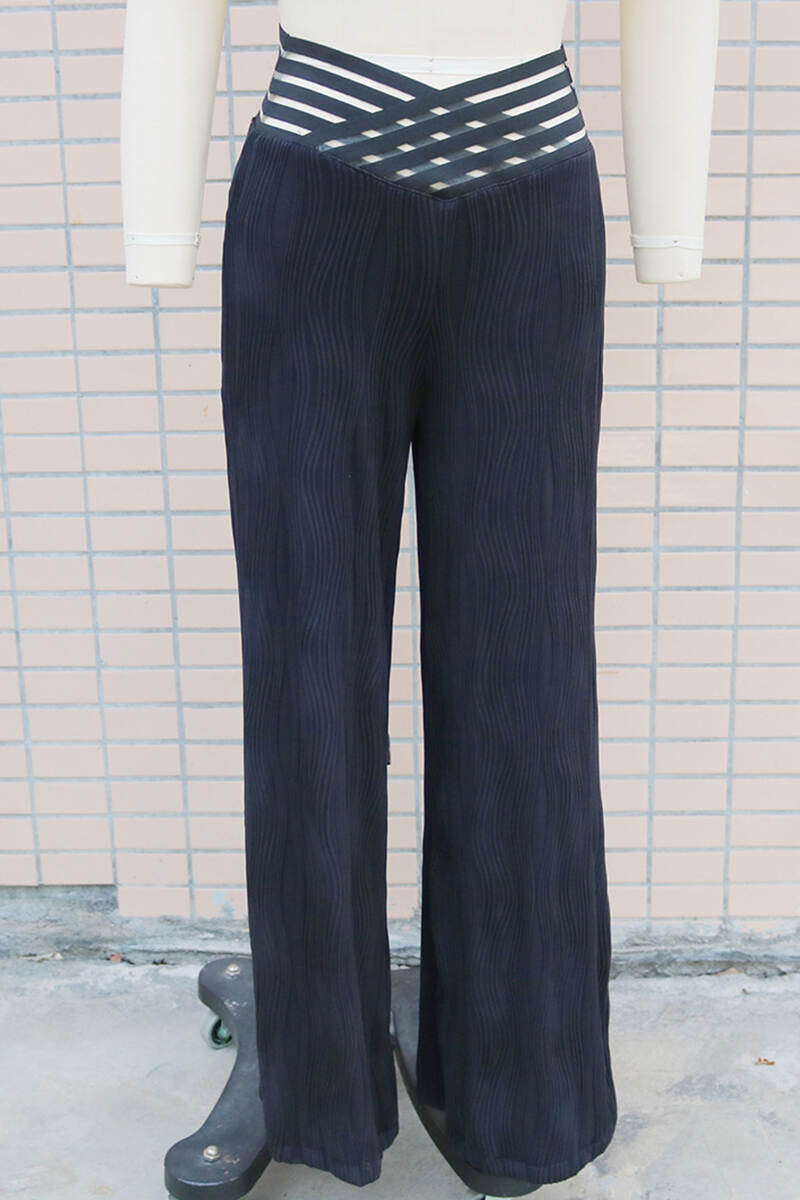 Black Casual Solid Patchwork Regular High Waist Conventional Solid Color Trousers