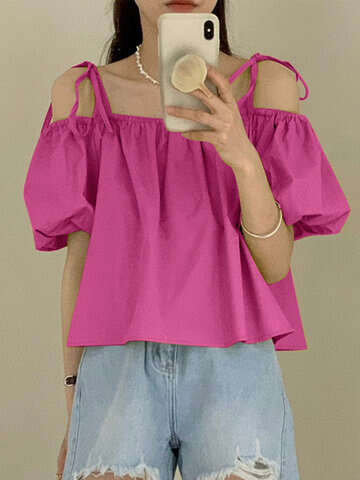 Women Blouses & Shirts | Solid Puff Sleeve Tie Off Shoulder Blouse For Women - IL59927