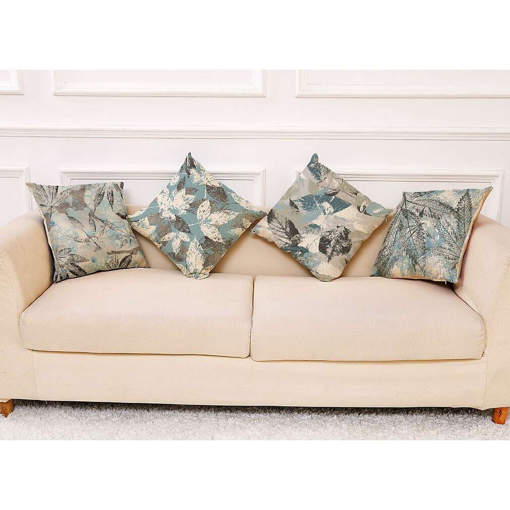 Double Side Leaves Pillow Cover 4PC Blue White Pattern Soft Decorative Square Cushion Case Pillowcase for Bedroom Livingroom Sofa Couch Chair Superior Quality Machine Washable