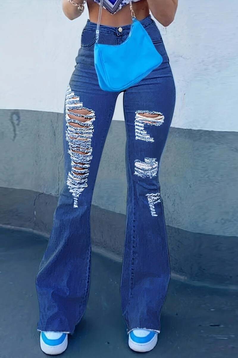 Dark Blue Casual Solid Ripped High Waist Boot Cut Denim Jeans