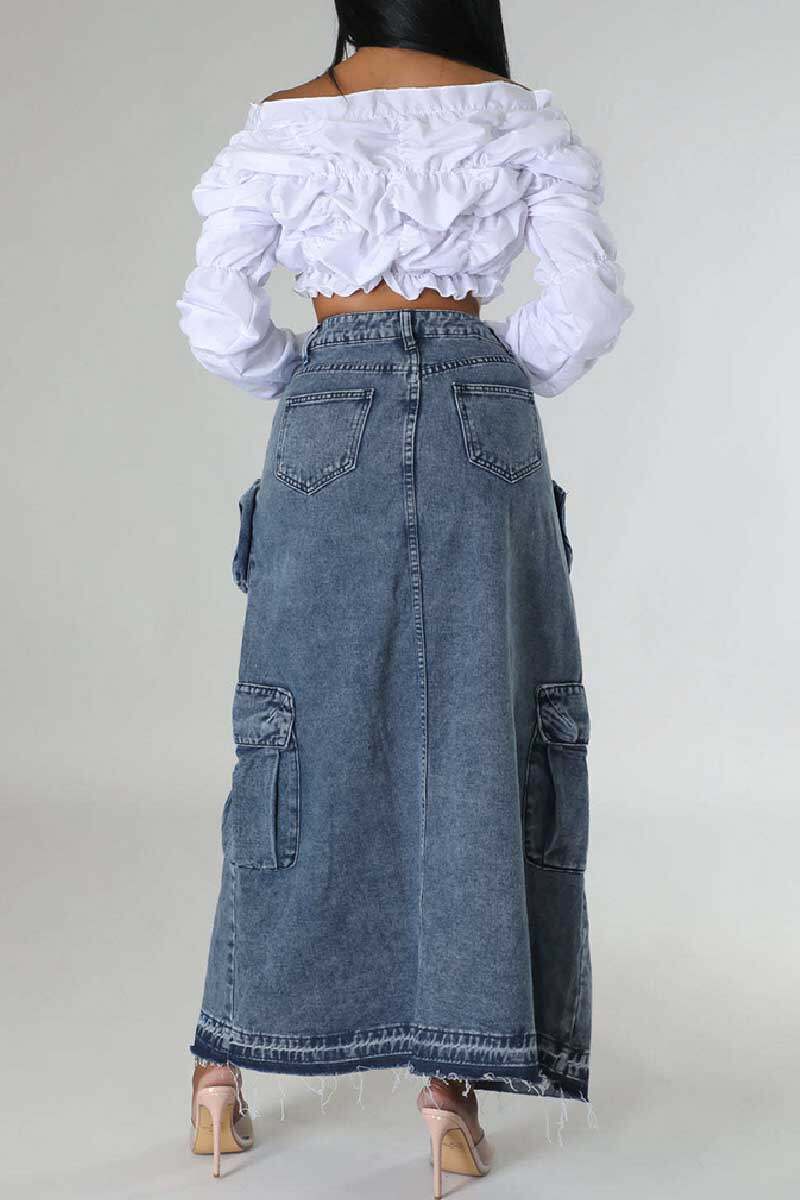 Deep Blue Casual Solid Patchwork Slit High Waist Regular Denim Skirts