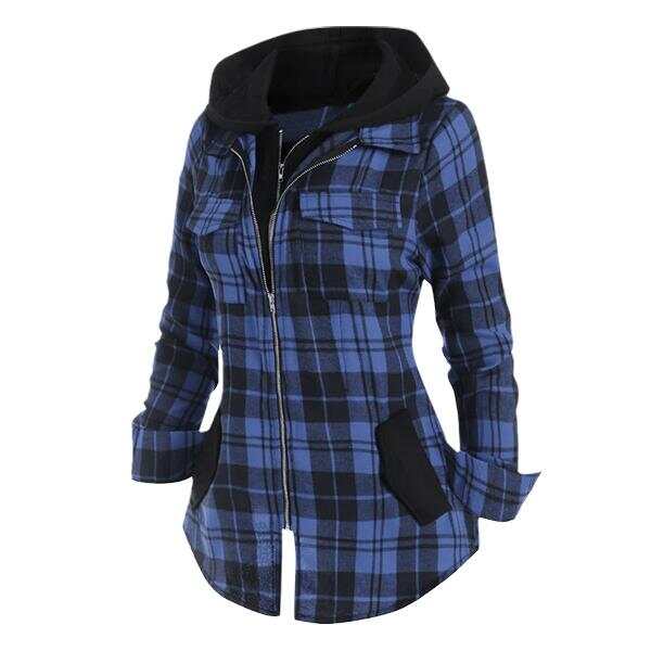 Double Zipper Plaid Pocket Hooded Shirt Jacket