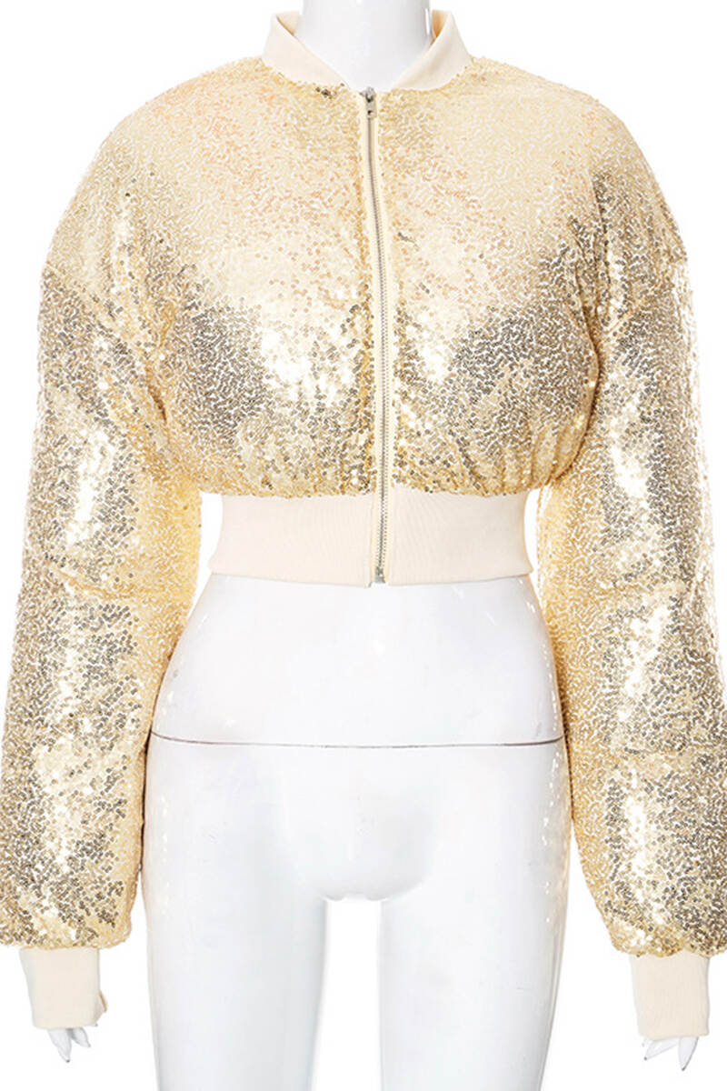 Yellow Street Solid Sequins Patchwork Zipper O Neck Outerwear